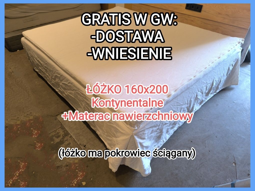 Łóżko 160x200 Kontynentalne + Materac nawierzchniowy Dostawa GW GRATIS