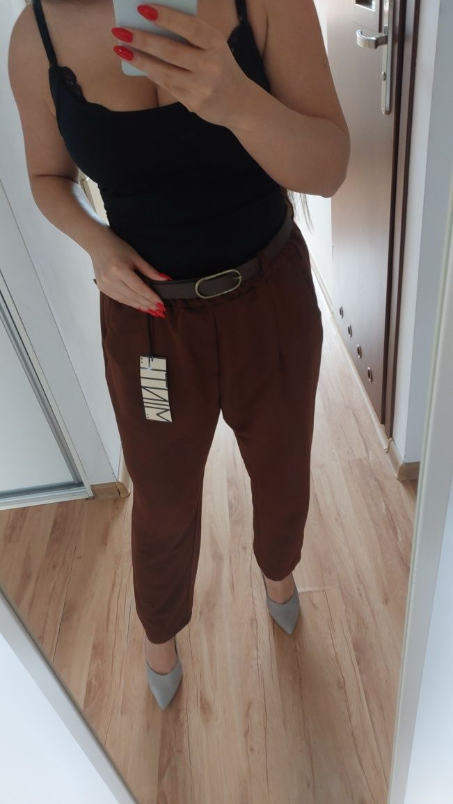Eleganckie spodnie L brąz do kostek biuro praca