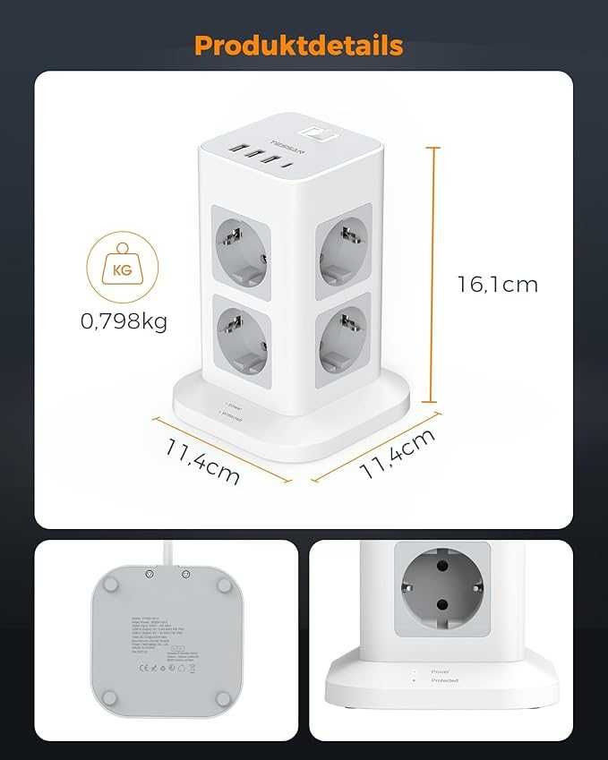 TESSAN Listwa zasilająca pionowa 8 gniazd z 3 USB A i USB C 2 metry