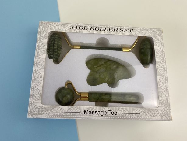 Premium Jadeitowy masażer zielony Box Roller x2 + kamień Gua Sha