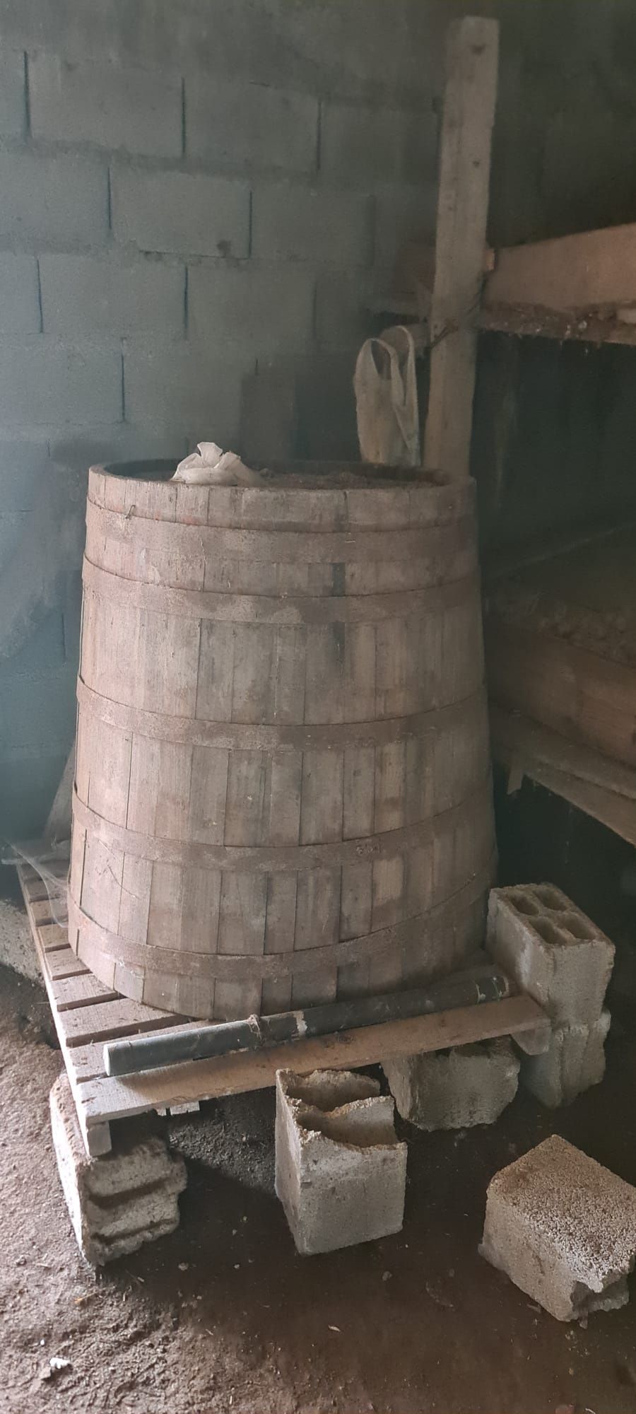 Pipos de madeira, bidões e prensa para vinho