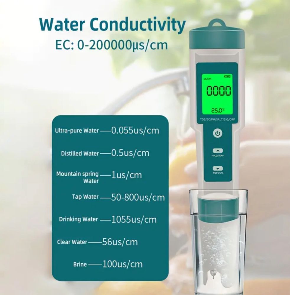 Тестер качества воды 7в1 ORP(ОВП)/РН/TDS метр + EC/TEMP/SALT/S.G