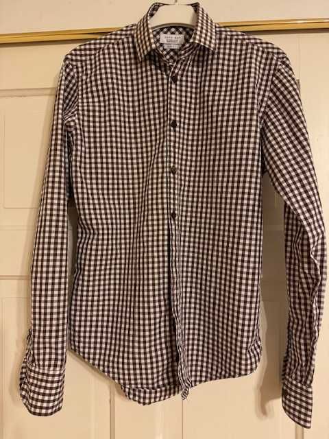 Koszula męska S Zara Slim Fit w kratkę brązowa bawełna z kołnierzykiem