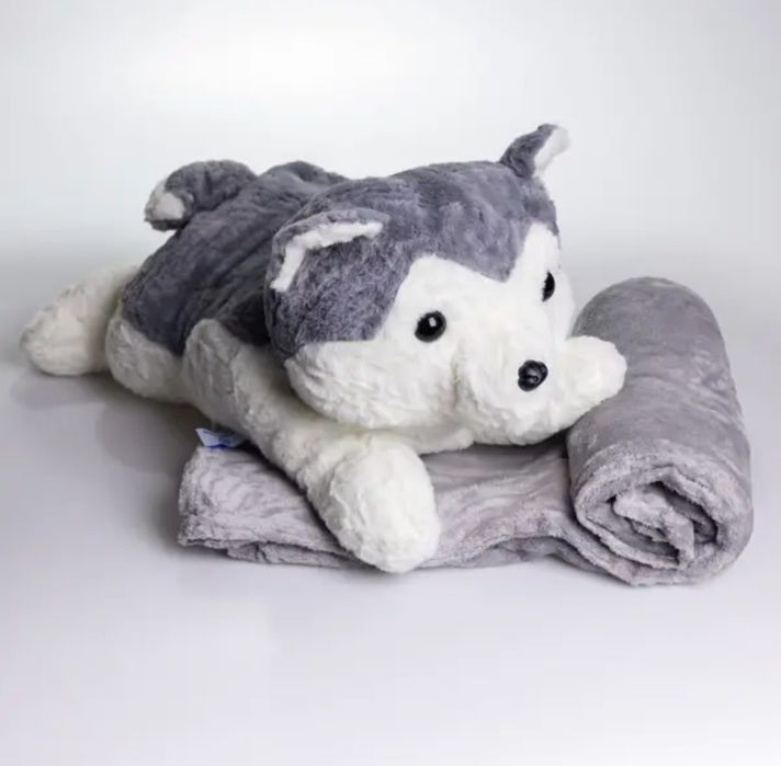 Іграшка-подушка Хаскі з пледом 100*180 см. Игрушка-подушка Хаски. Флис