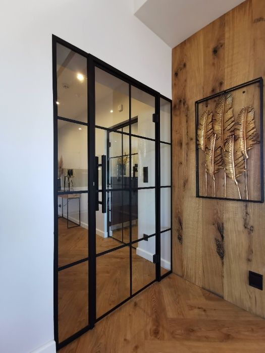 Ściana szklana, loft, loftowa, szprosy, drzwi ze szkła METALOWA montaż