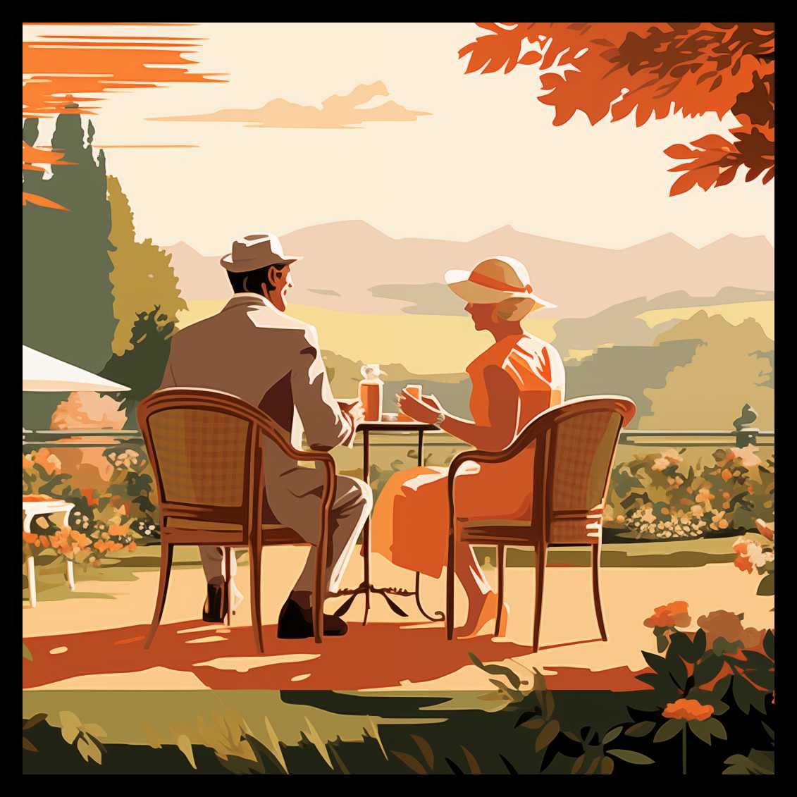 Plakat 50x50cm Retro Randka | Vintage Ławka Miłość Zakochani | SALON