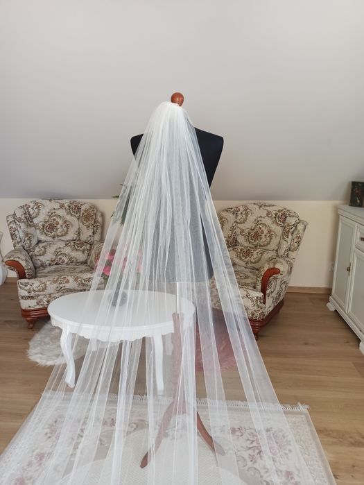 NOWY Długi welon katedralny gładki 2.5m ecru ivory biały