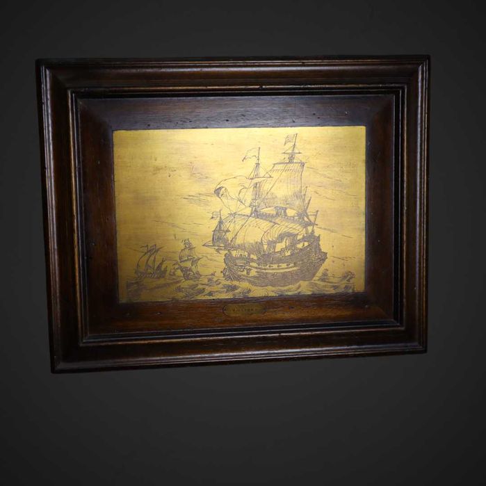 Obraz galeon w miedzi drewniana rama b41/113099a