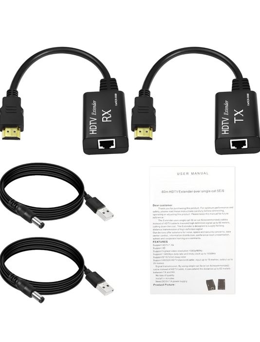 Przedłużacz HDMI, HDMI męski do RJ45, przedłużacz sieci LAN 60 m,