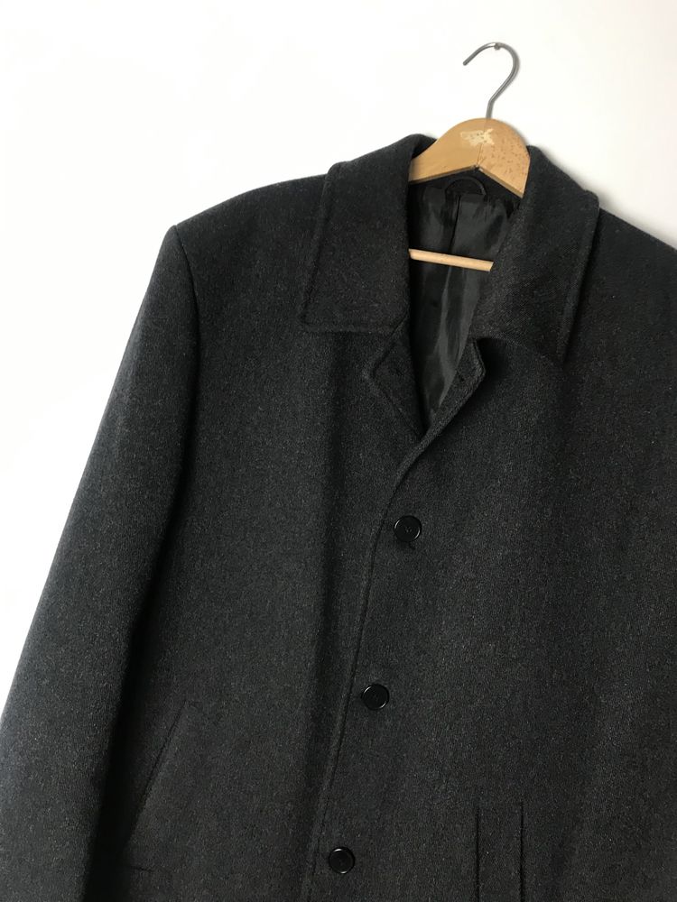 Ciemnoszary wełniany męski płaszcz z kaszmirem, real vintage