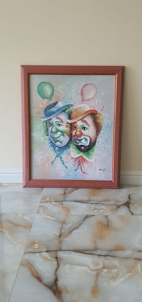 Obraz z klaunami malowany 50 x 60 .
