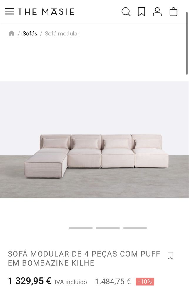 Sofá modular em tecido, 3 metros com chaise longue