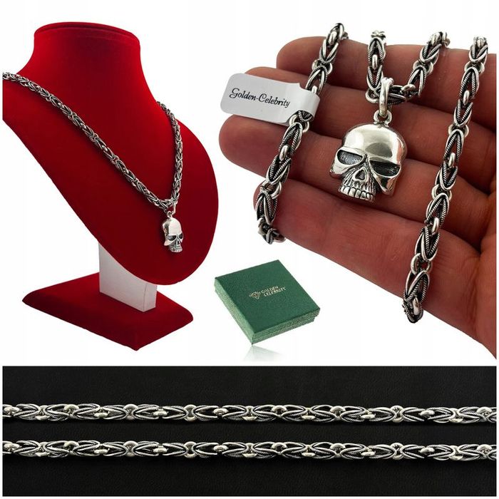 Unikatowy Srebrny Łańcuszek Grecki Wzór Bizantyjski + Zawieszka Czacha