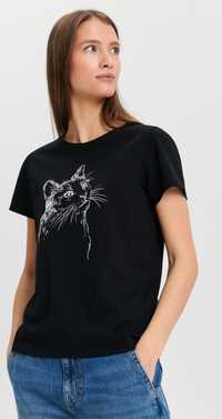 Nowa z metką czarna bluzka top koszulka z kotem kot 34 XS sinsay