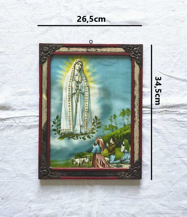 Quadro antigo com imagem Nossa Senhora de Fátima e os Pastorinhos
