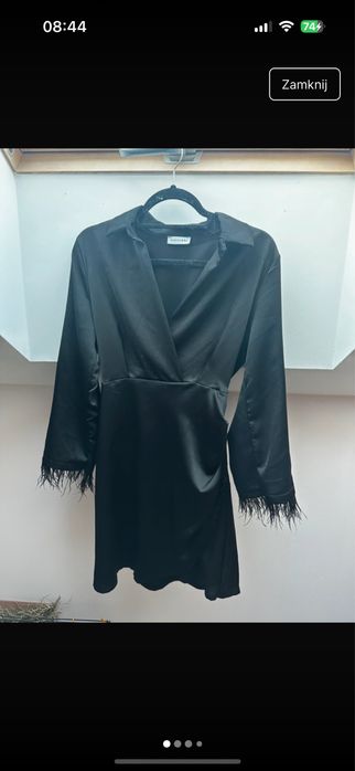 Sukienka czarna pióra satyna zara kołnierzyk dekolt