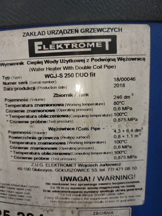 Boiler, wymienik ciepłej wody 250l