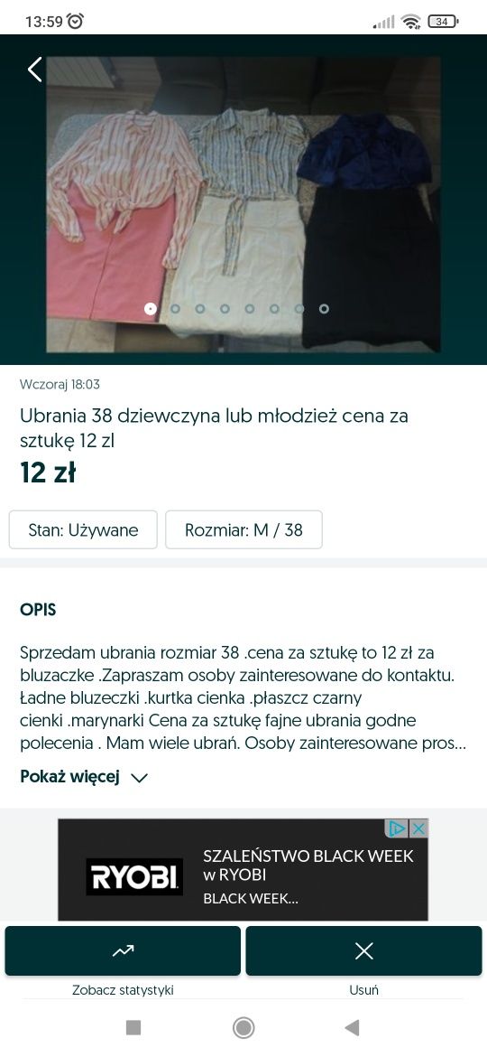 Zestaw ubrań rozmiar 38 M cena za komplet  za 6 ubrań to 50 zł