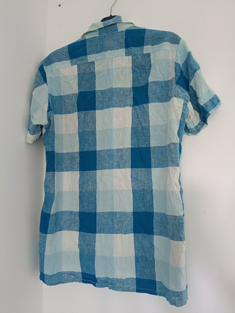 Koszula męska lniana H&M S w kratkę  błękitną niebieską