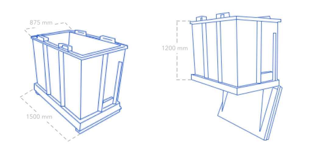 Kontener z otwieranym dnem do wózka widłowego - 1500 L - blacha 3 mm