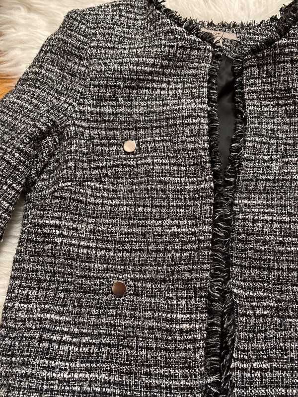 Czarna biała kurtka żakiet marynarka tweed ze srebrna nitką h&m xs