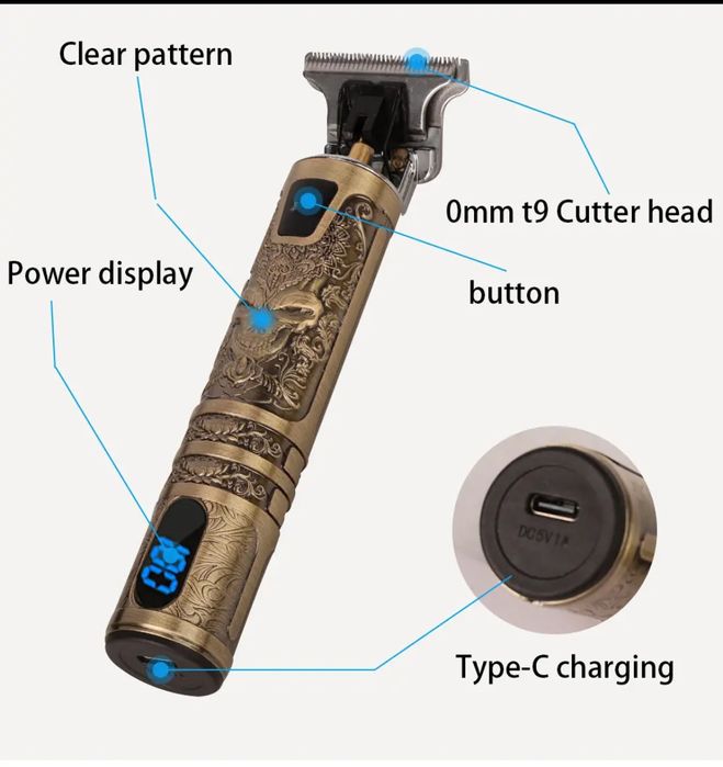 Máquina de cortar cabelo e barca com bateria USB e ecrã LED T9 NOVO