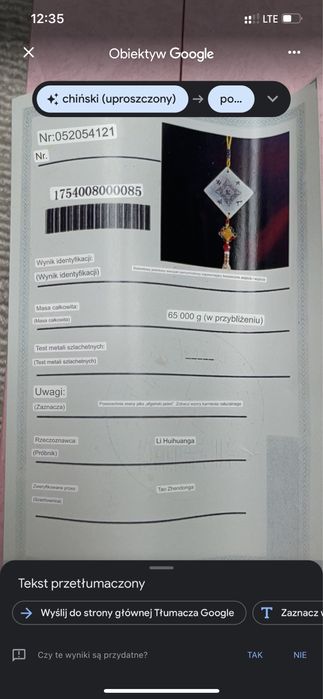 Chińska ozdoba zawieszka jadeit CERTYFIKAT