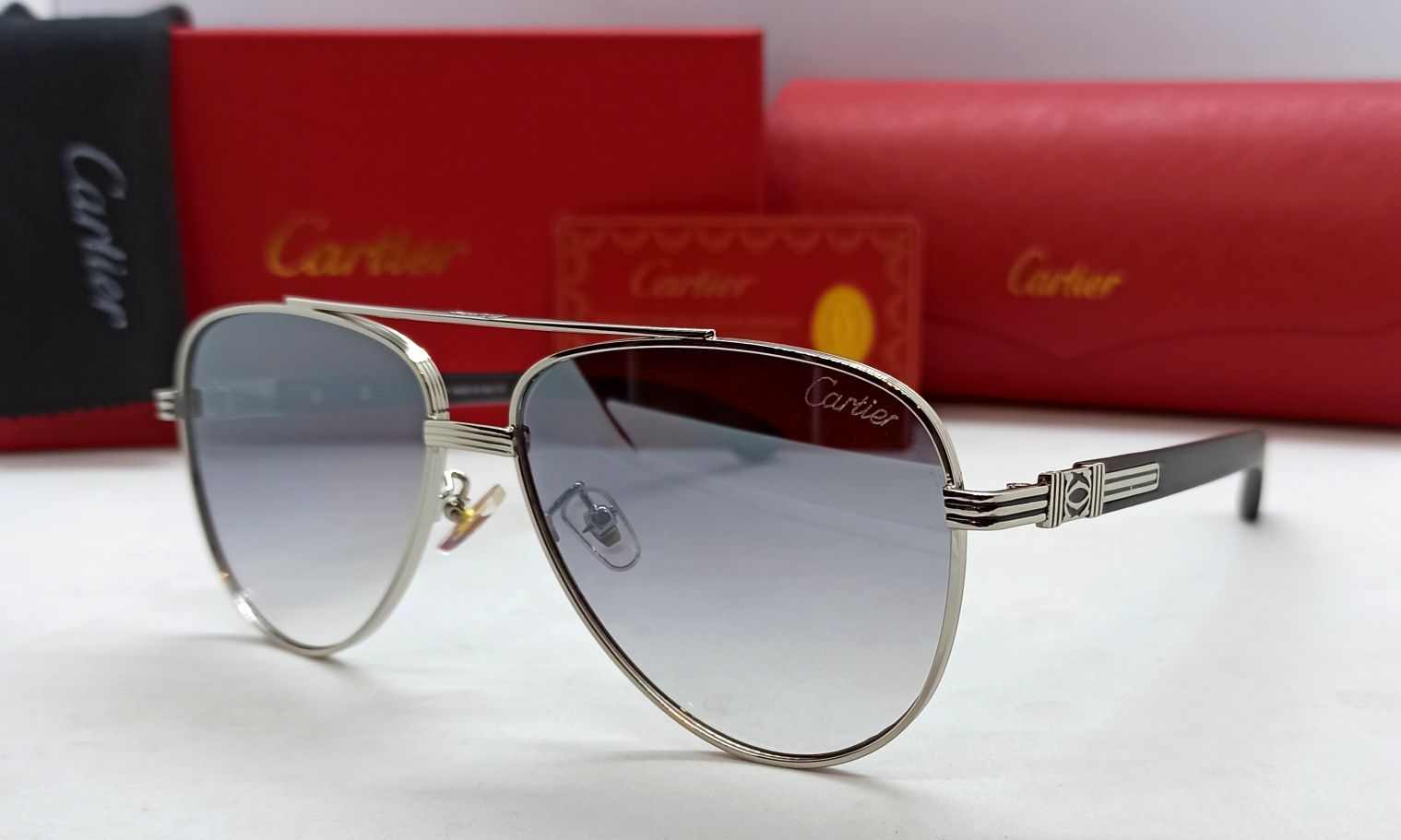 Cartier очки капли мужские светло серый градиент в серебристом металле