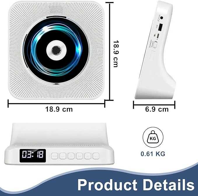 Odtwarzacz CD z Bluetooth 5.0, głośnik HiFi, pilot, radio FM, AUX/USB