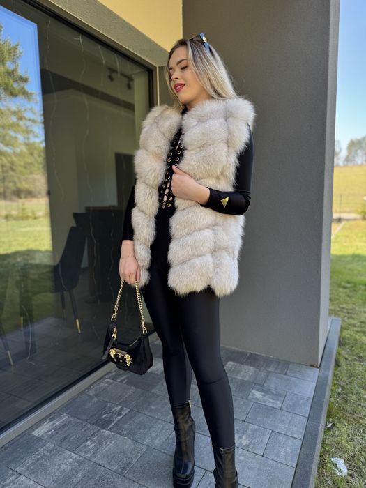 Kamizelka z lisa białego futro naturalne zamsz skóra s/m