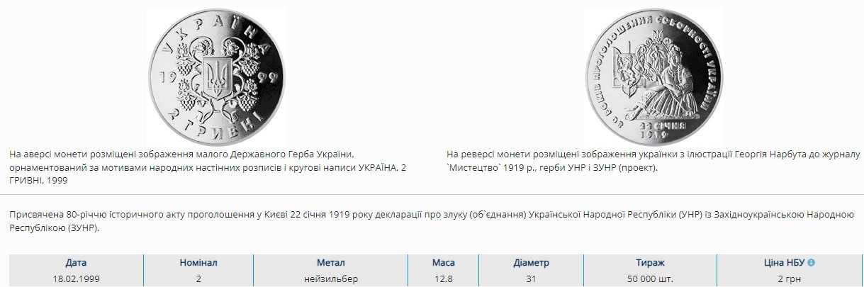 Україна 2 гривні 1999, 80 років соборності України. Монети України.