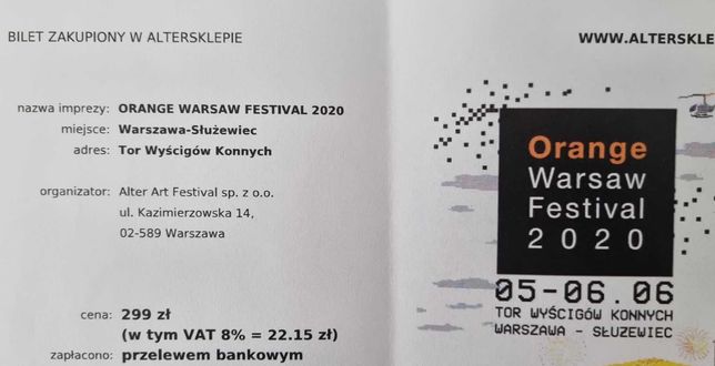 Bilet jednodniowy Orange Warsaw Festival 03.06.2022
