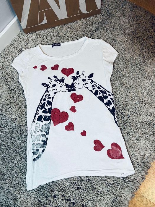Graffic piekna bluzka t-shirt biala letnia zyrafy S M