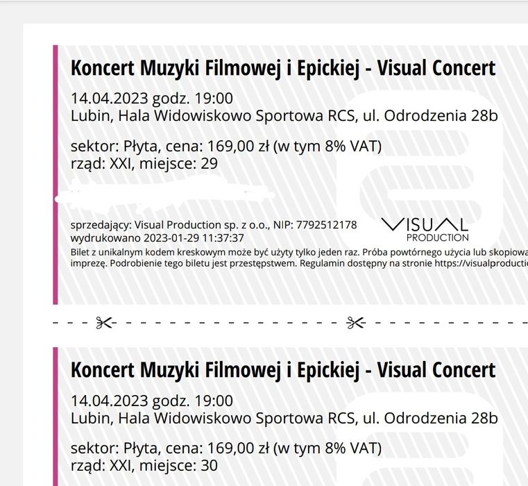 2 x bilet na Koncert Muzyki Filmowej Visual Production 14.04.23 Lubin