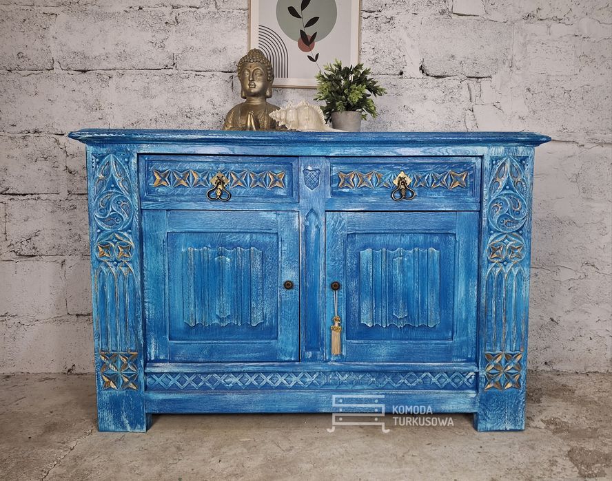 Komoda rzeźbiona, szafka drewniana, zdobiona, niebieska, turkusowa