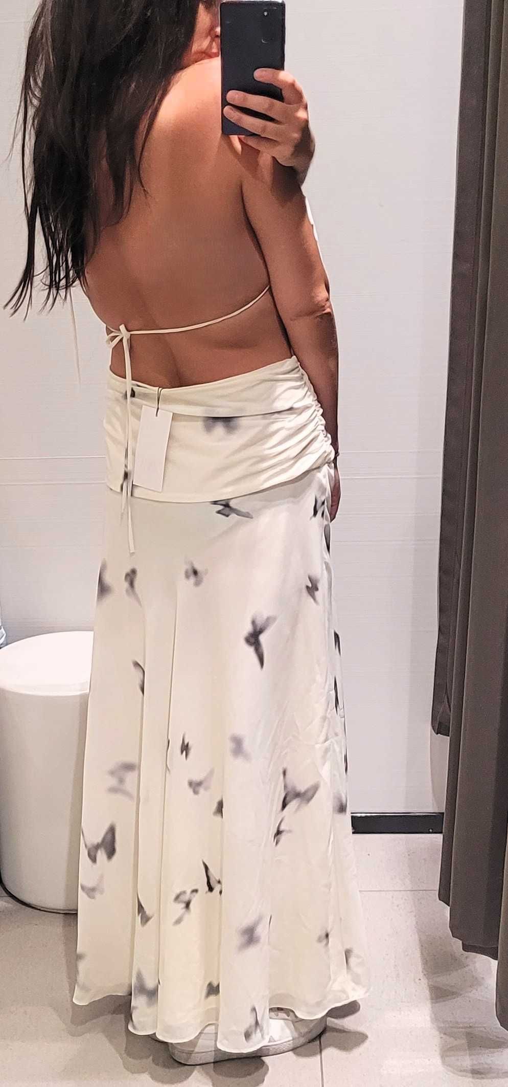 Długa biała sukienka Zara motyle halter odkryte plecy S 36 nowa lejąca