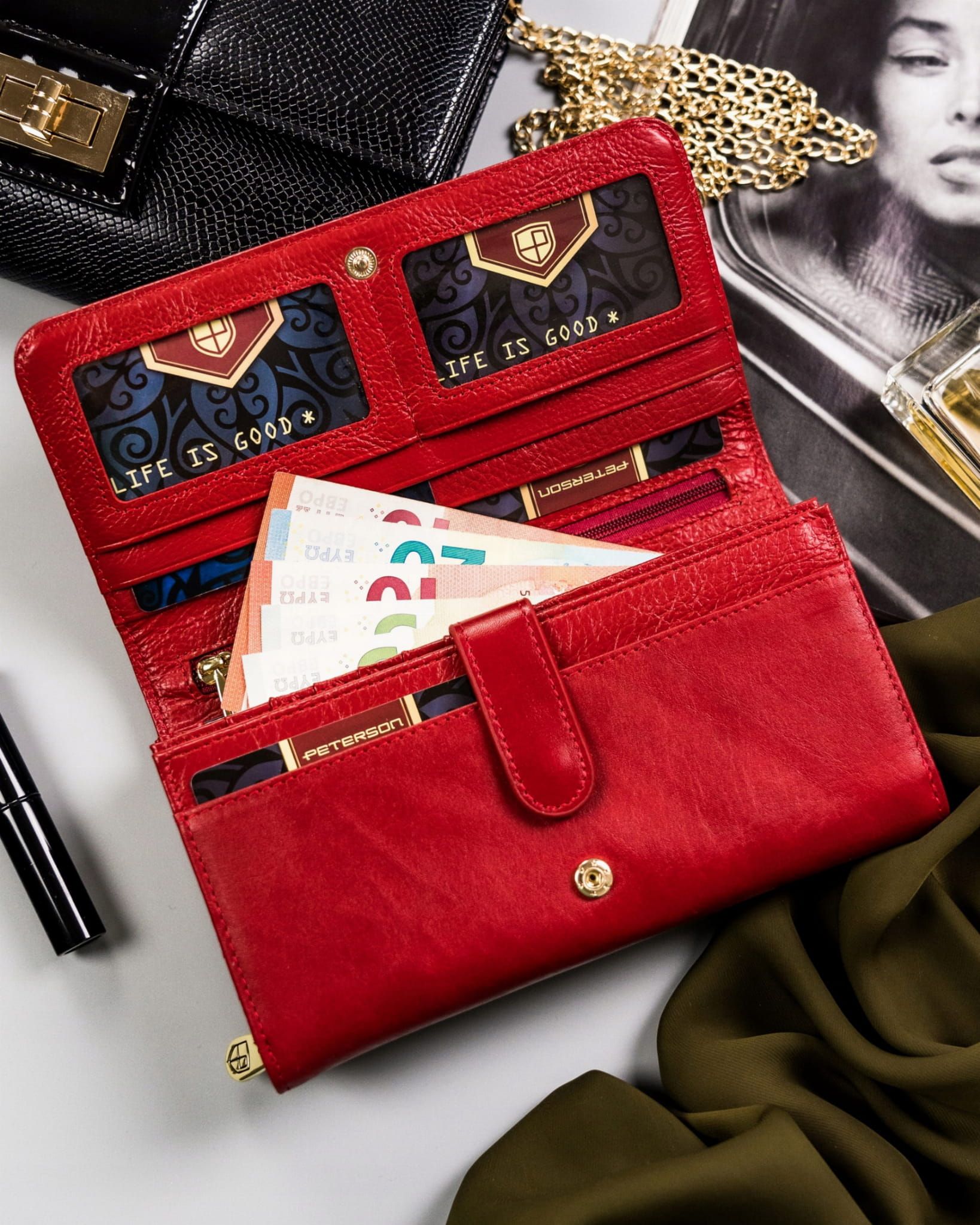 PETERSON portfel damski skórzany elegancki z suwakiem P175 czerwony