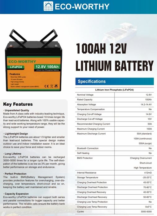 Надежный ECO-WORTHY 12V 100Ah | Для автономного энергоснабжения