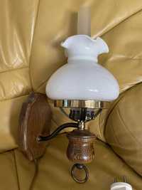 Stary mosieżny kinkiet lampka porcelana drewno mosiadz