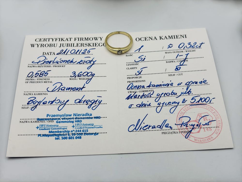 Pierścionek Złoty z Brylantem 585/14k 0.32ct roz20 Certyfikat