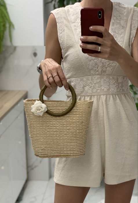 Torebka slomkowa koszyczek na lato wakacje bezowa mala lekka