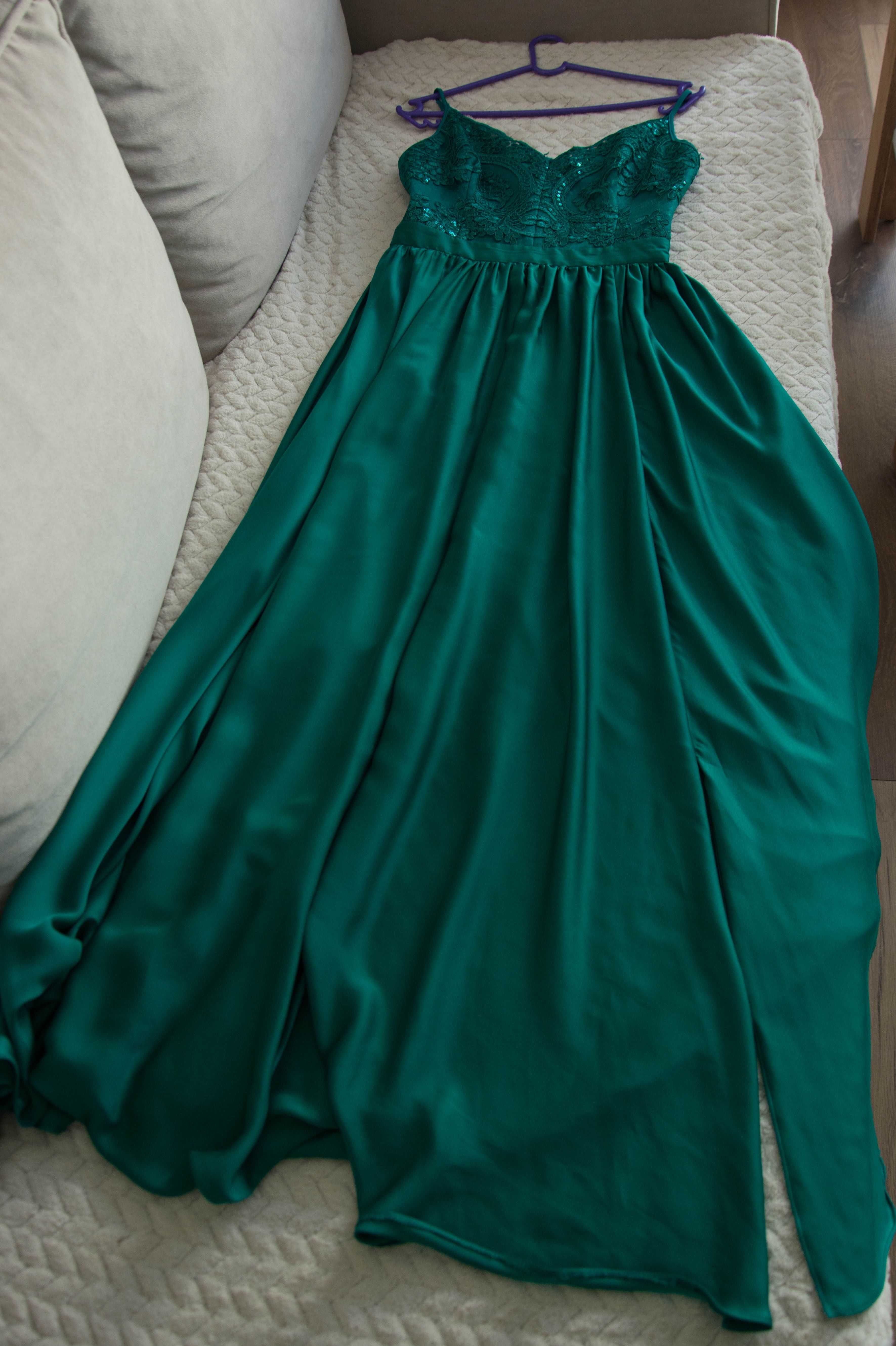 Elegancka sukienka butelkowa zieleń na studniówkę, sylwestra, wesele