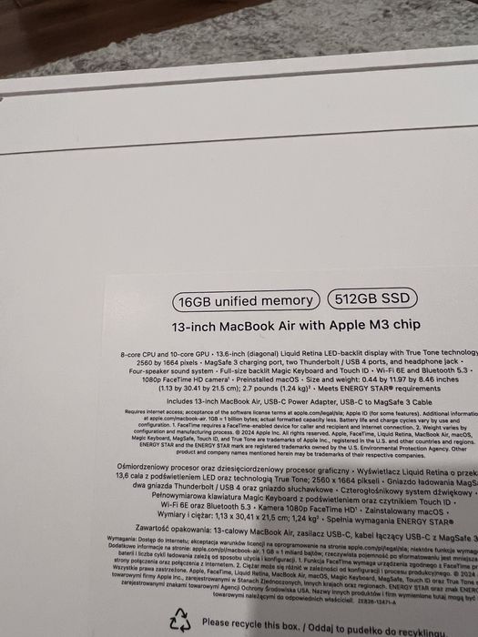 MacBook air 13" 16GB/512GB nowy zapakowany.
