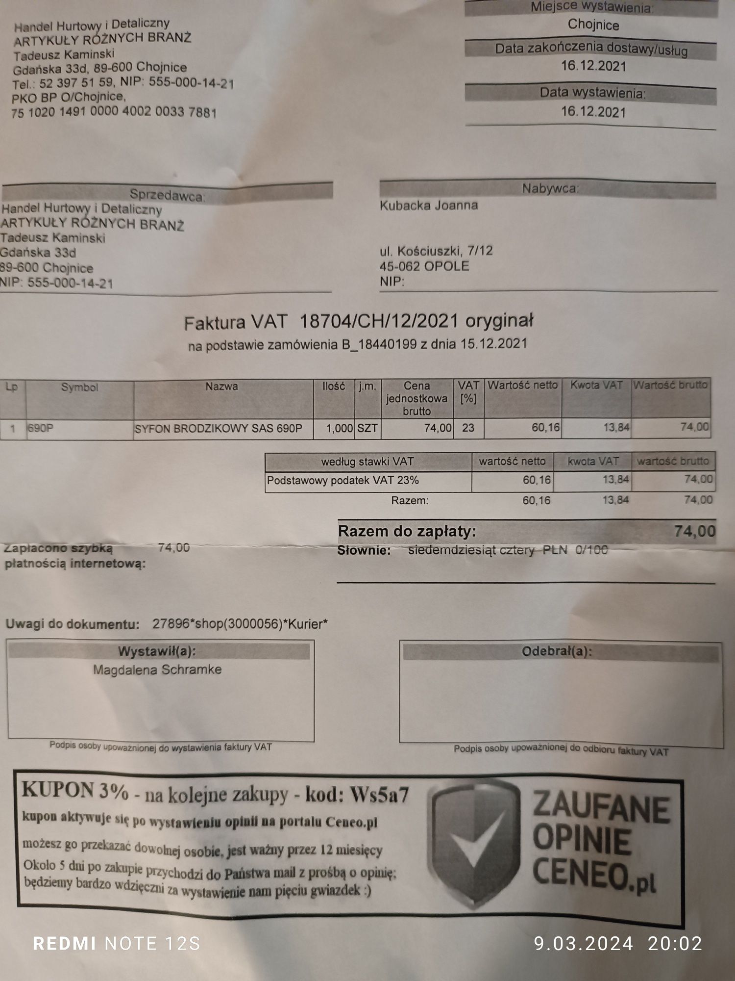 Syfon do brodzika SAS 690P