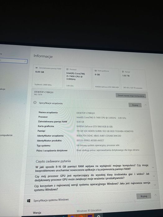 Komputer stacjonarny – i5-7400 gtx 1060 6GB 8GB ram ss