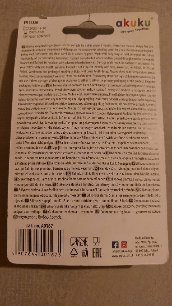 Nowa rurka/słomka z odważnikiem do bidonu Akuku