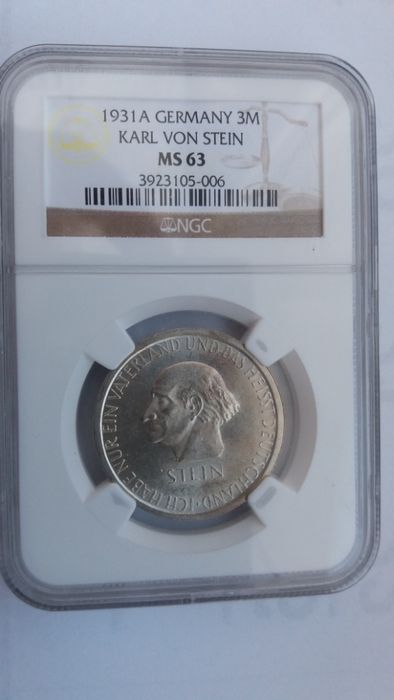oM, 3 reichsmark 1931 A Karl Stein MS 63 3 marki stara moneta starocie