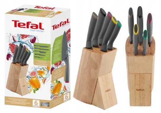 Zestaw 5 noży ze stali nierdzewnej TEFAL FRESH KITCHEN+drewniany blok.