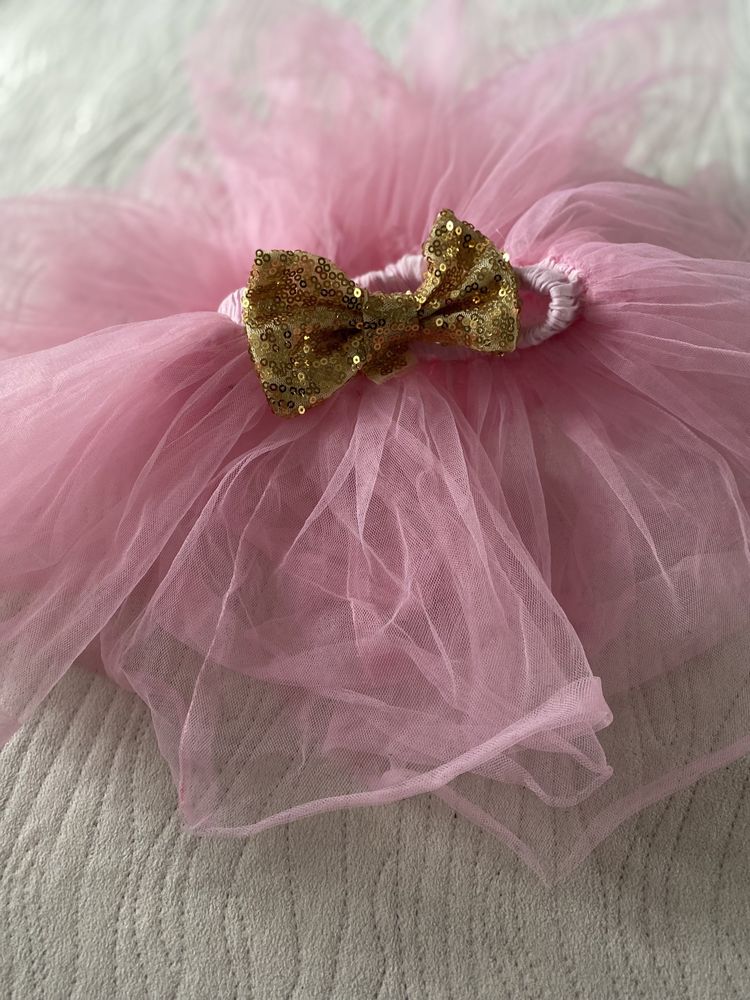 Tiulowa  spodniczka spodnica różowa ze złota kokarda