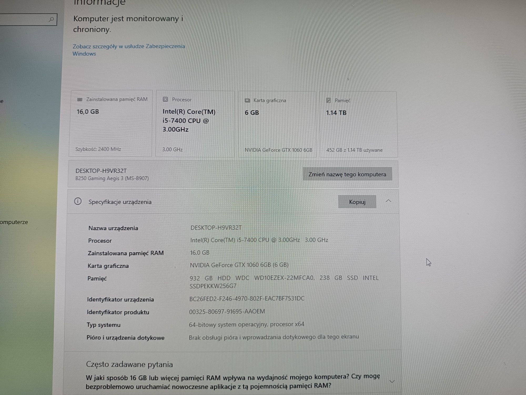 Komputer MSI + monitor, słuchawki, klawiatura, myszka